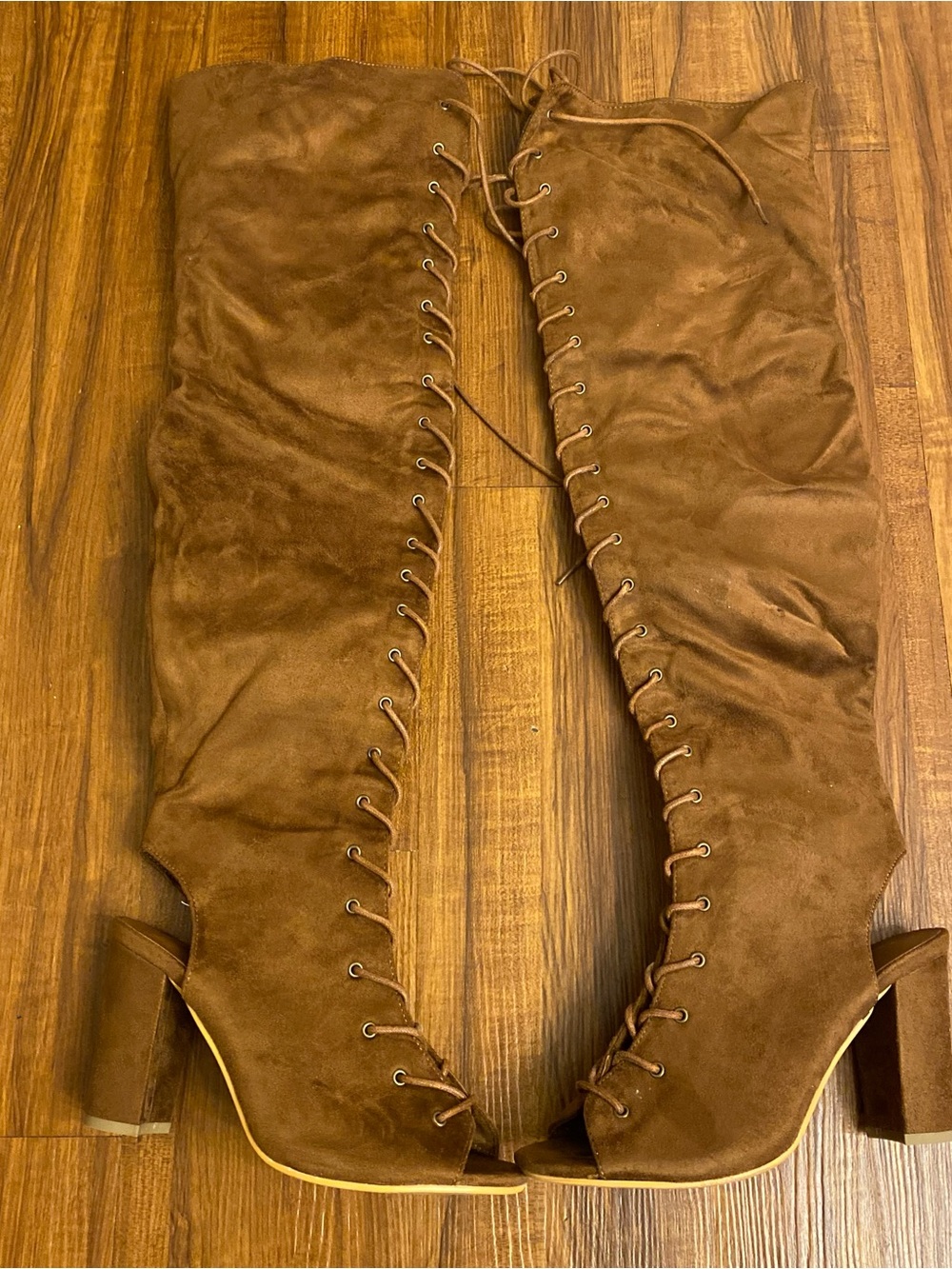 Over-the-Knee Lace-Up Suede Boots in Brown